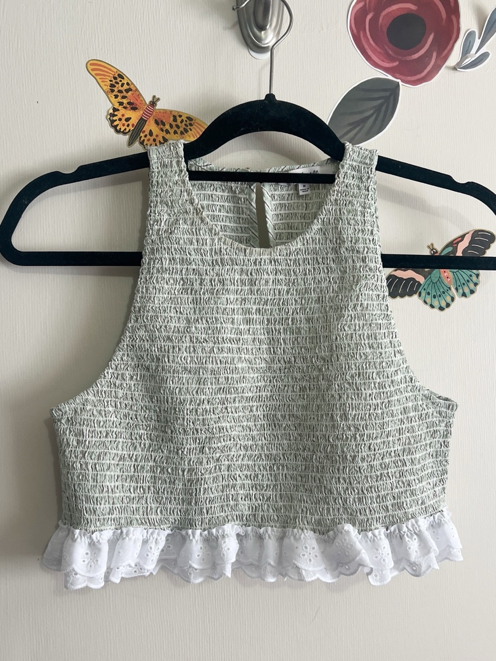Reworked Upcycled Madewell Sage Green Smocked Crop Top with White Eyelet Ruffle